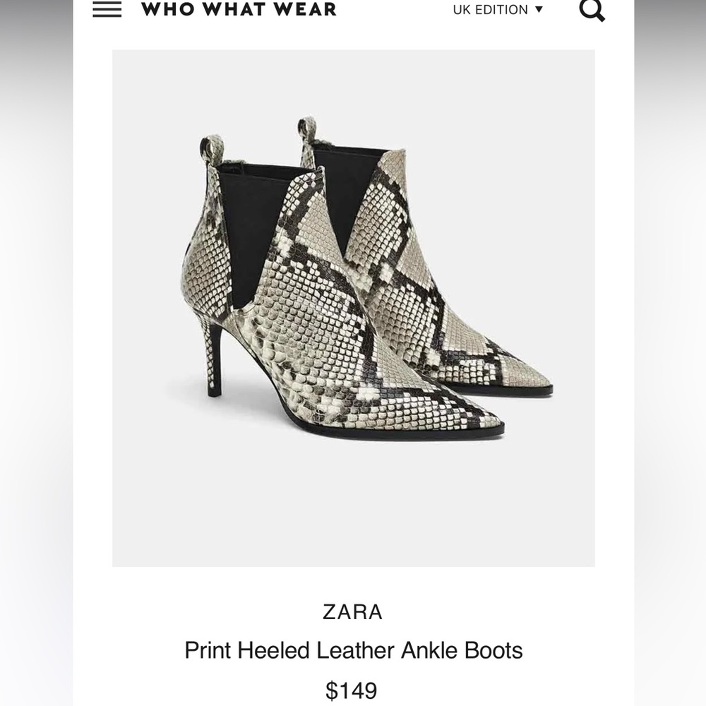 Zara Snakeskin Heeled Leather Ankle Boots, size 39 (US 9)